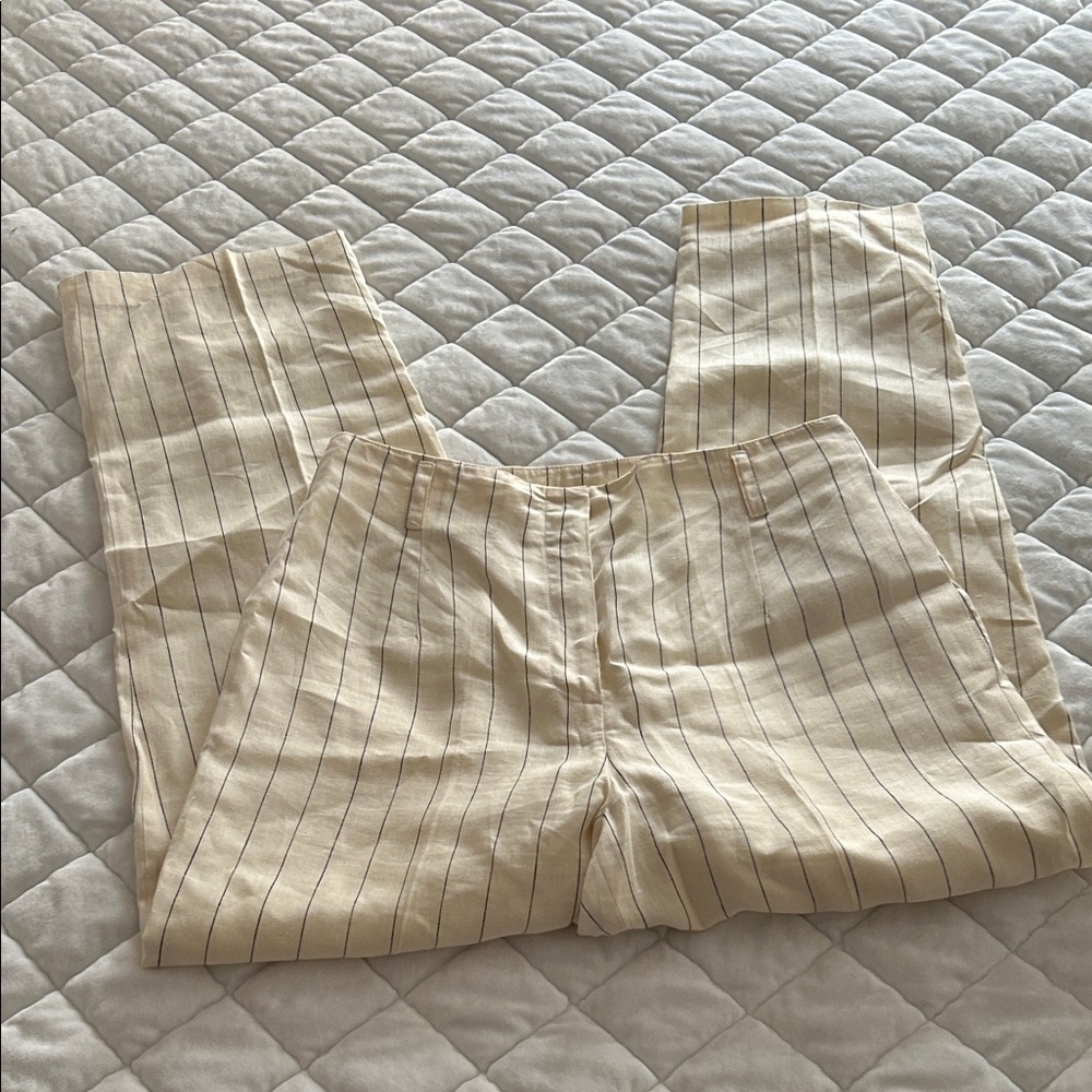 Talbots Cream Irish Linen Pants with Navy Blue Stripes 8